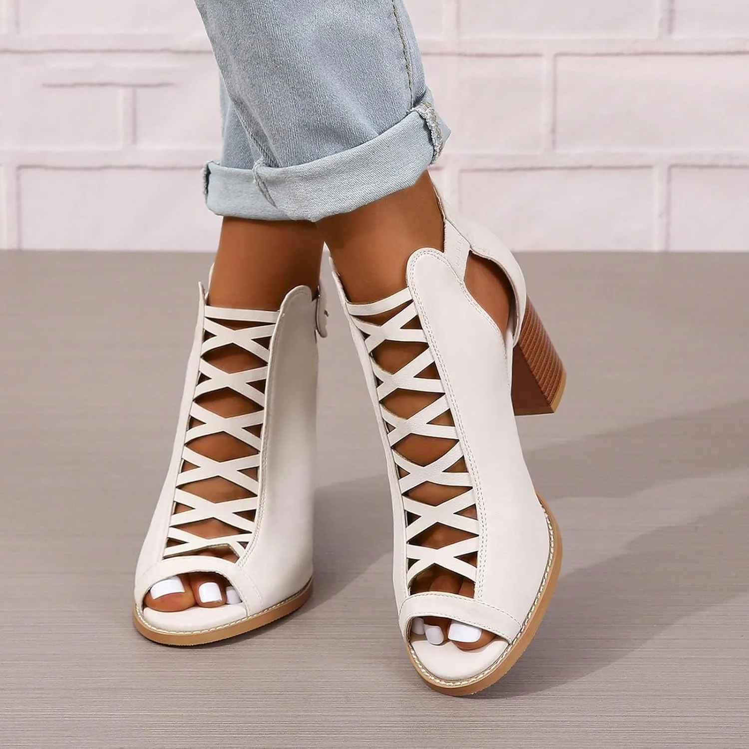 Womens Peep Toe Heels Block Chunky Heeled Sandals for Women Cutout Dress Shoes with Back Zipper Open Toe Summer Ankle Booties