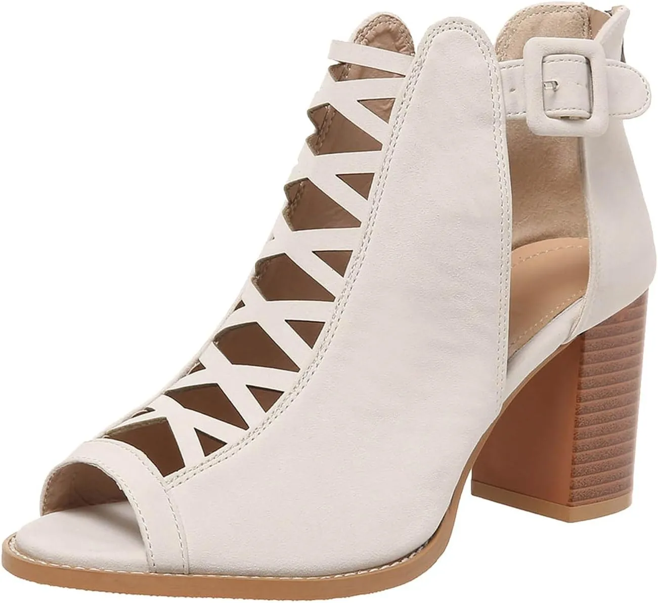 Womens Peep Toe Heels Block Chunky Heeled Sandals for Women Cutout Dress Shoes with Back Zipper Open Toe Summer Ankle Booties