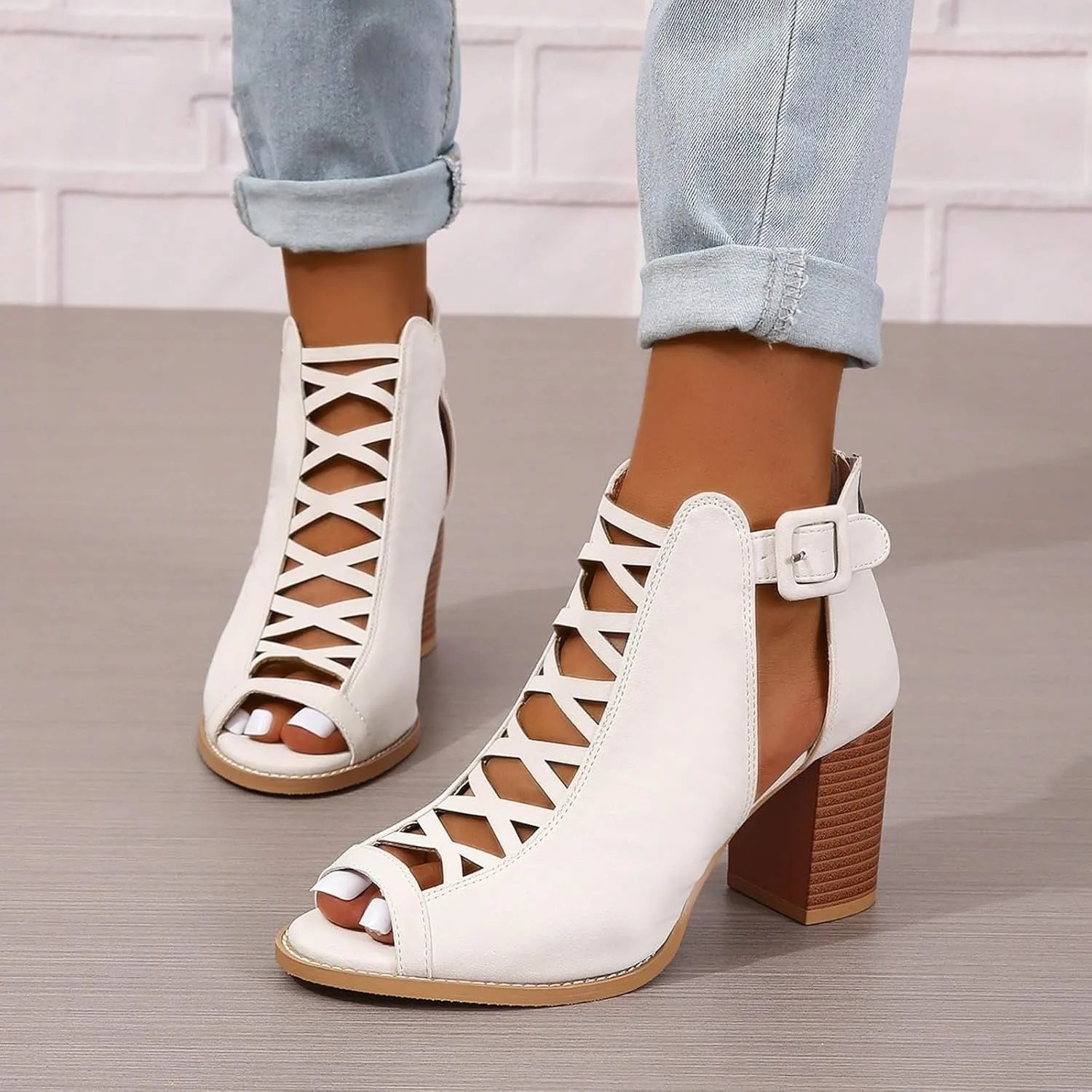Womens Peep Toe Heels Block Chunky Heeled Sandals for Women Cutout Dress Shoes with Back Zipper Open Toe Summer Ankle Booties