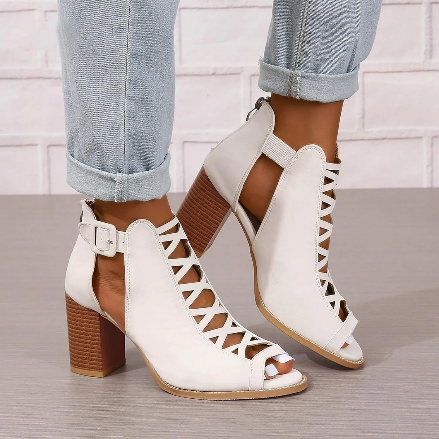 Womens Peep Toe Heels Block Chunky Heeled Sandals for Women Cutout Dress Shoes with Back Zipper Open Toe Summer Ankle Booties