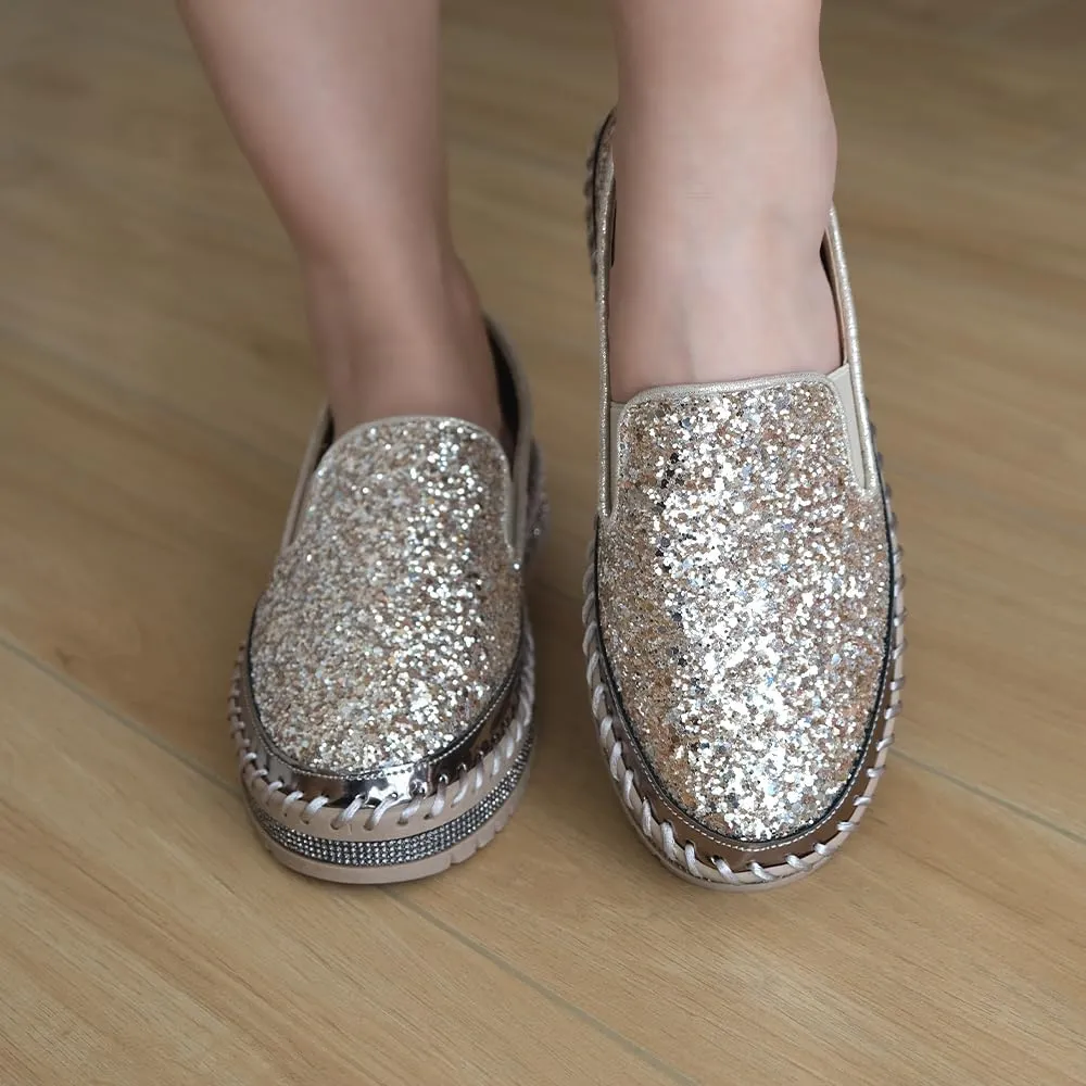 Women's Platform Rhinestones Glitter Fashion Sneakers Comfortable Slip On Flat Loafers Walking Wedding Dress Shoes Casual Shoes