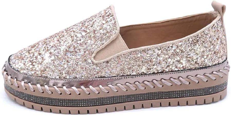 Women's Platform Rhinestones Glitter Fashion Sneakers Comfortable Slip On Flat Loafers Walking Wedding Dress Shoes Casual Shoes