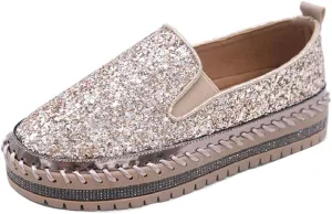 Women's Platform Rhinestones Glitter Fashion Sneakers Comfortable Slip On Flat Loafers Walking Wedding Dress Shoes Casual Shoes