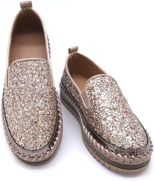 Women's Platform Rhinestones Glitter Fashion Sneakers Comfortable Slip On Flat Loafers Walking Wedding Dress Shoes Casual Shoes