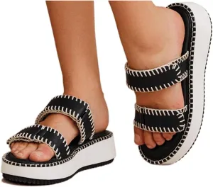 Women's Platform Wedge Sandals Flat Open Toe Non Slip Slides Comfortable Chunky Low Heel Beach Sandals