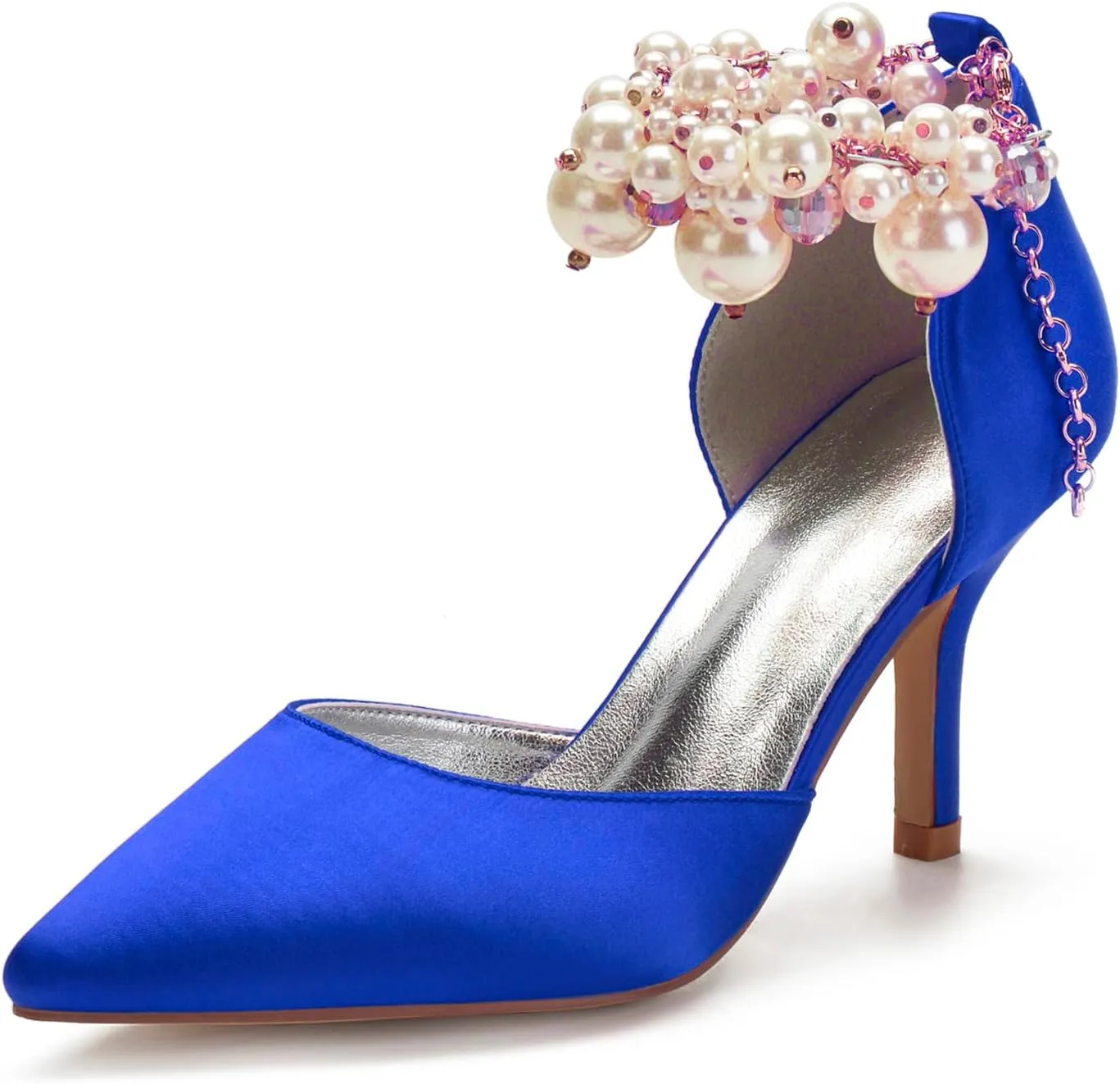 Women's Sandal 8CM High Heels Beaded Bowknot Strap Bridal Wedding Shoes Satin Stiletto Pump Elegant Formal Women's Sandal Pointed Toe,Blue,7