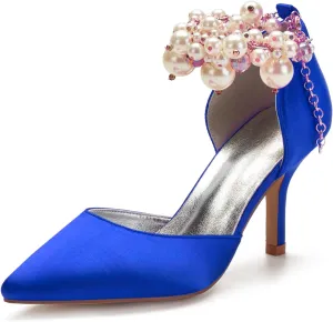 Women's Sandal 8CM High Heels Beaded Bowknot Strap Bridal Wedding Shoes Satin Stiletto Pump Elegant Formal Women's Sandal Pointed Toe,Blue,7