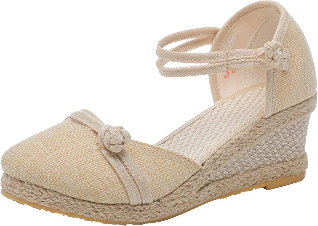 Women's Solid Textured Wedge Sandals Chinese Style Buckle Braided Shoe Closed Toe Summer High Heels Elegant Sandal