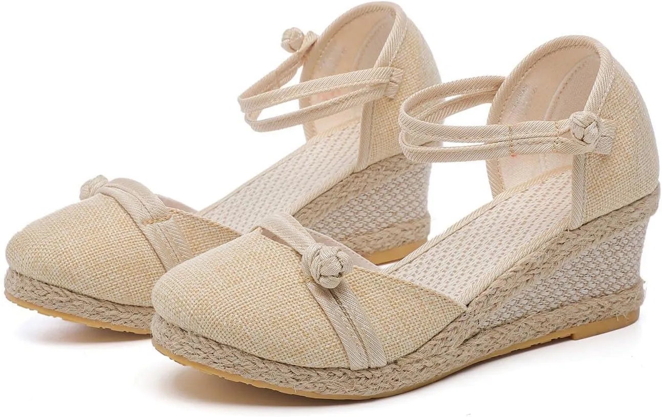 Women's Solid Textured Wedge Sandals Chinese Style Buckle Braided Shoe Closed Toe Summer High Heels Elegant Sandal
