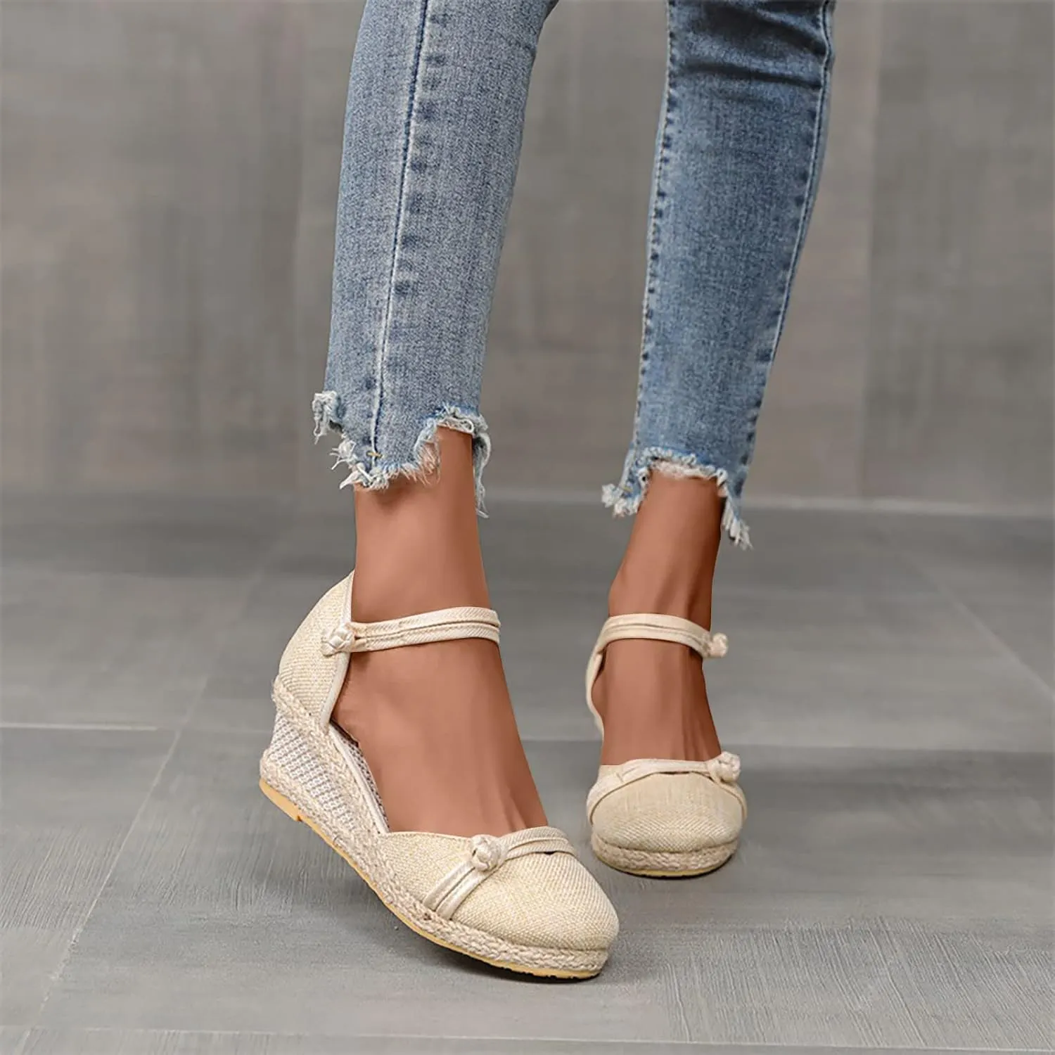 Women's Solid Textured Wedge Sandals Chinese Style Buckle Braided Shoe Closed Toe Summer High Heels Elegant Sandal