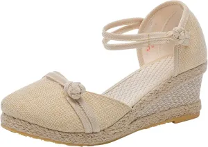 Women's Solid Textured Wedge Sandals Chinese Style Buckle Braided Shoe Closed Toe Summer High Heels Elegant Sandal