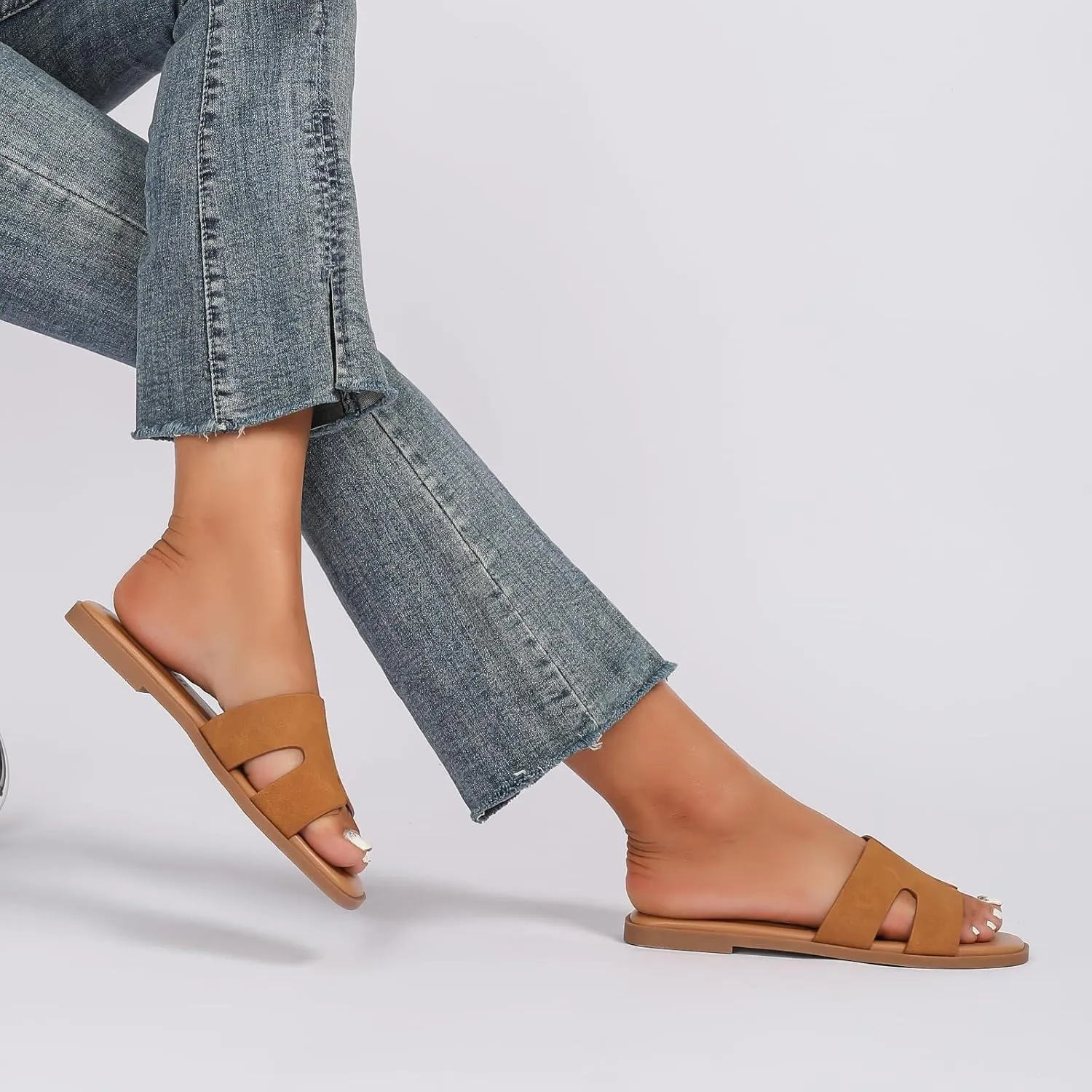 Women's Suede Flat Sandals Open Toe Slip on Sandals Comfort Slide Sandals for Women with Memory Foam