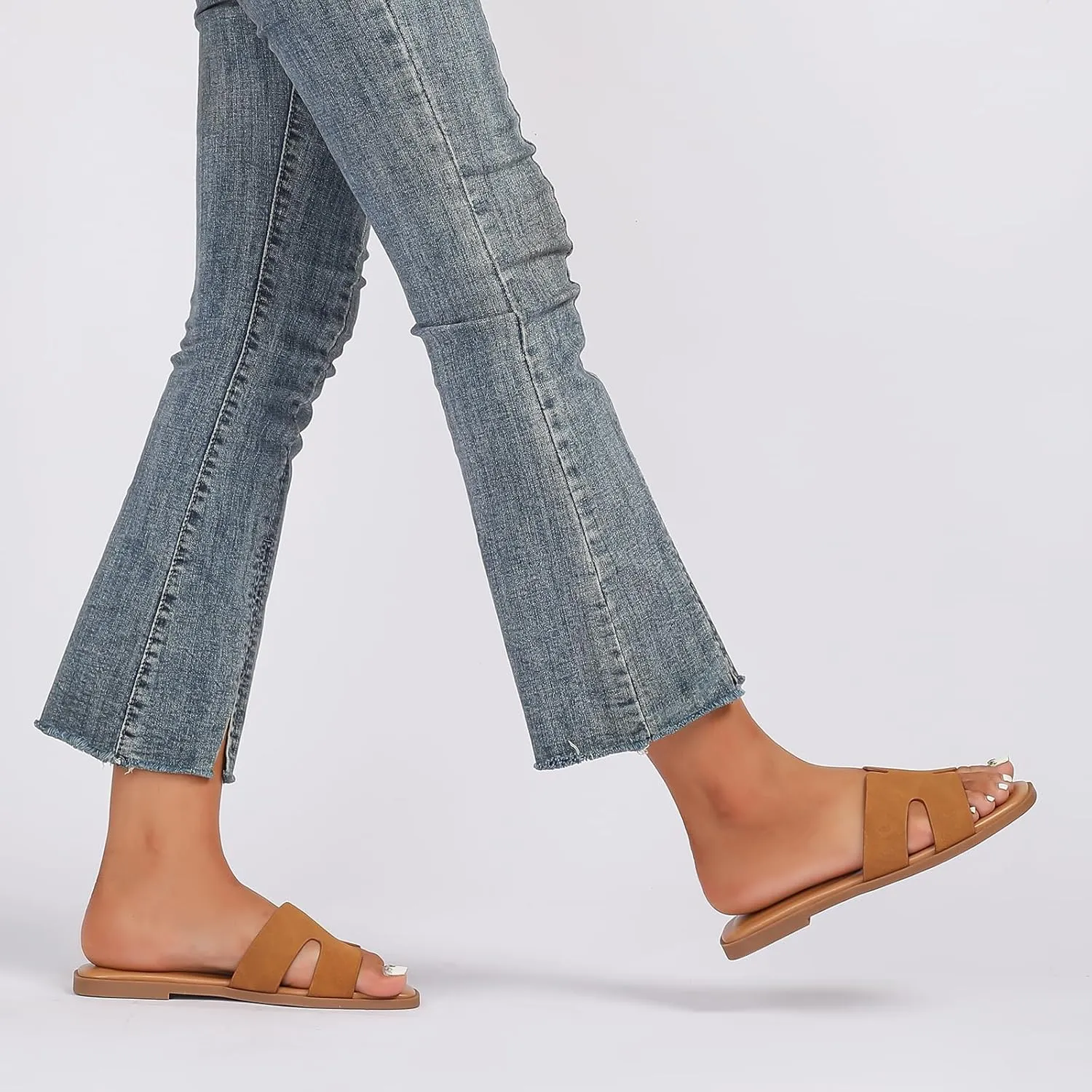 Women's Suede Flat Sandals Open Toe Slip on Sandals Comfort Slide Sandals for Women with Memory Foam