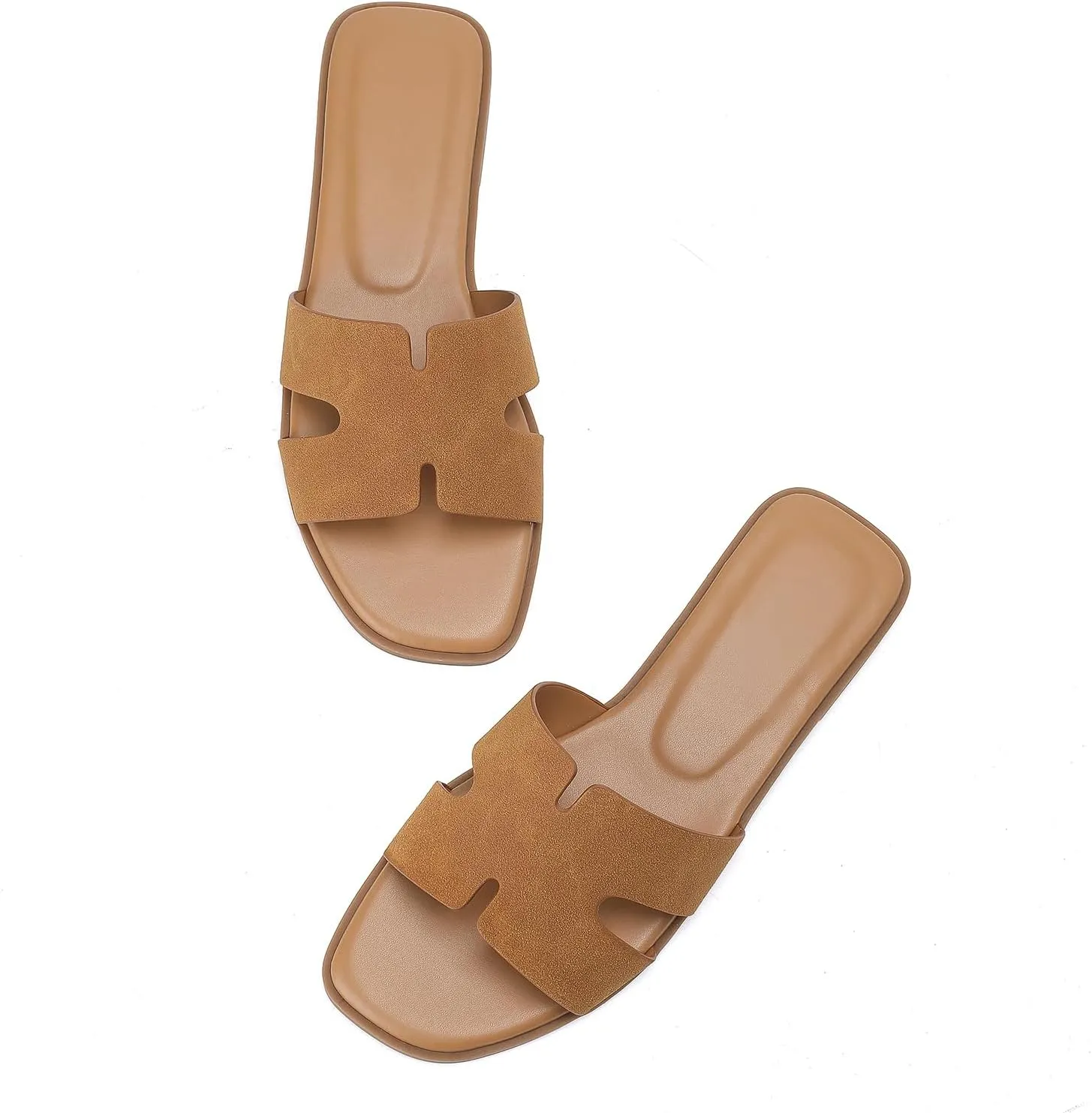Women's Suede Flat Sandals Open Toe Slip on Sandals Comfort Slide Sandals for Women with Memory Foam