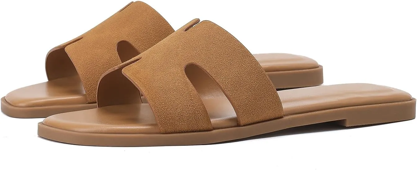 Women's Suede Flat Sandals Open Toe Slip on Sandals Comfort Slide Sandals for Women with Memory Foam
