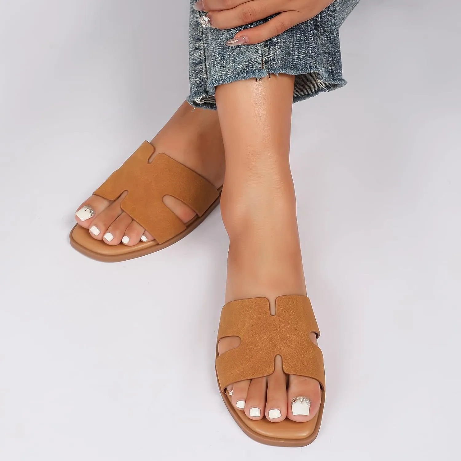 Women's Suede Flat Sandals Open Toe Slip on Sandals Comfort Slide Sandals for Women with Memory Foam