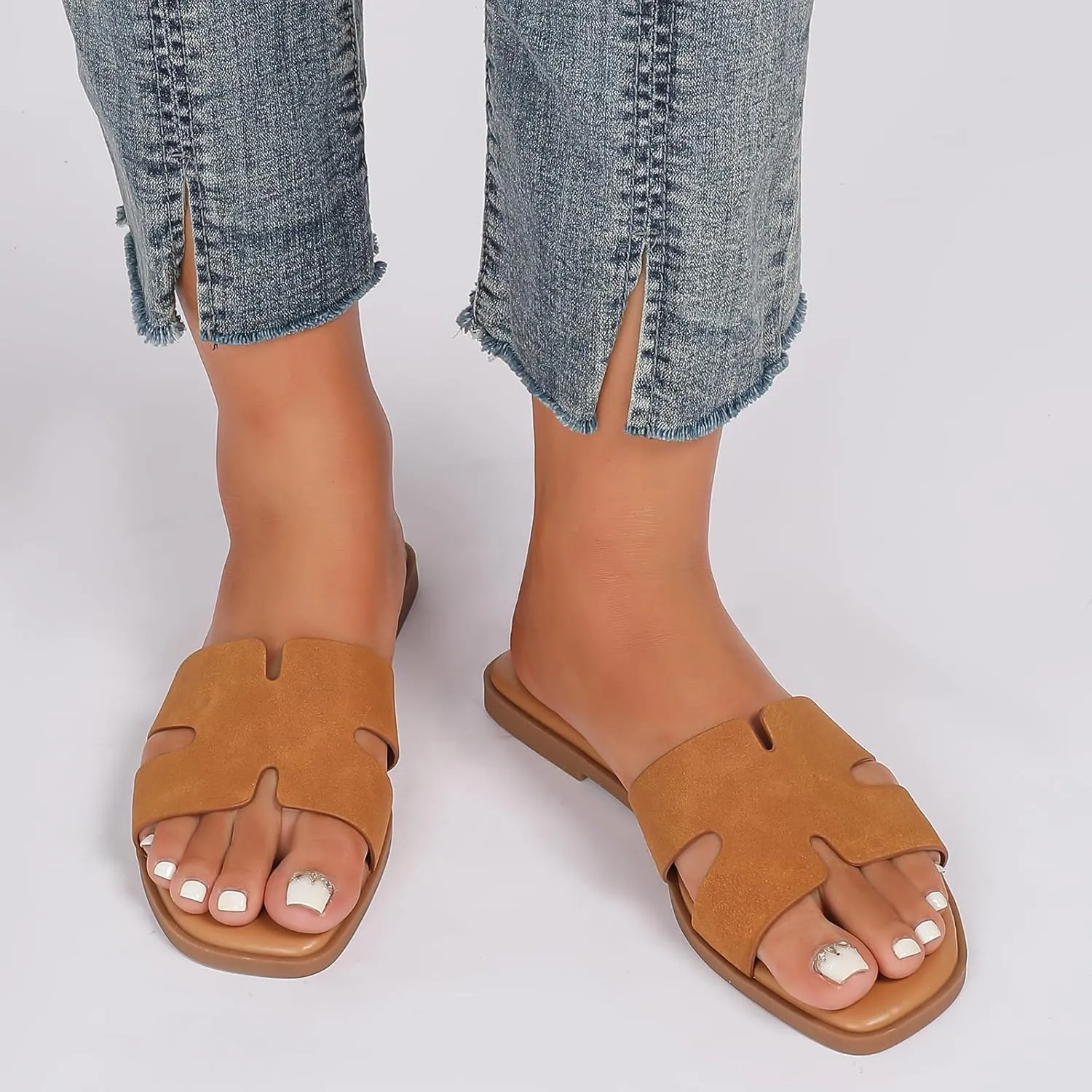 Women's Suede Flat Sandals Open Toe Slip on Sandals Comfort Slide Sandals for Women with Memory Foam