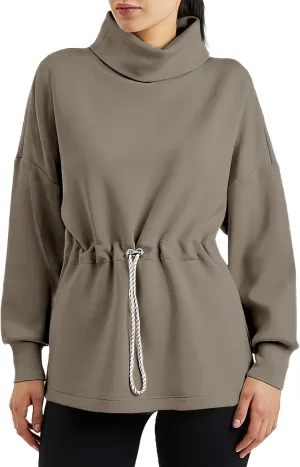 Women's Turtleneck Sweatshirts Long Sleeve Pullover Tops Side Slit Tunic Shirts with Drawstring Waist