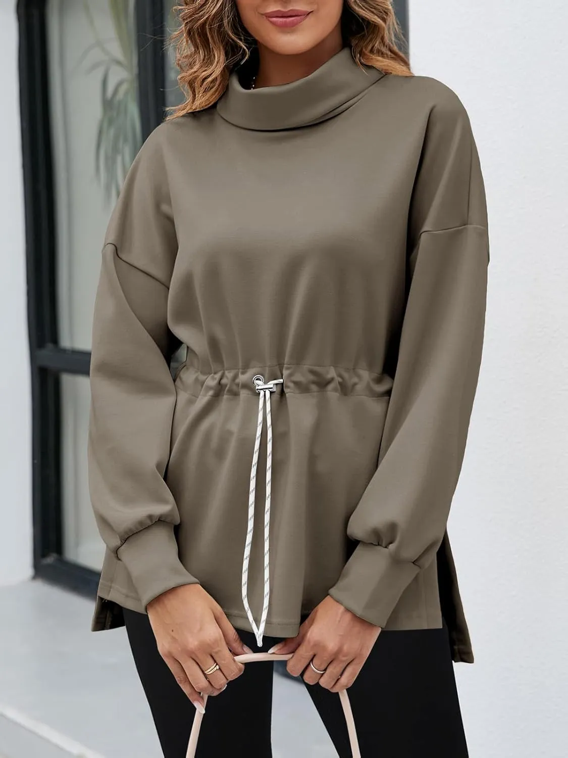 Women's Turtleneck Sweatshirts Long Sleeve Pullover Tops Side Slit Tunic Shirts with Drawstring Waist