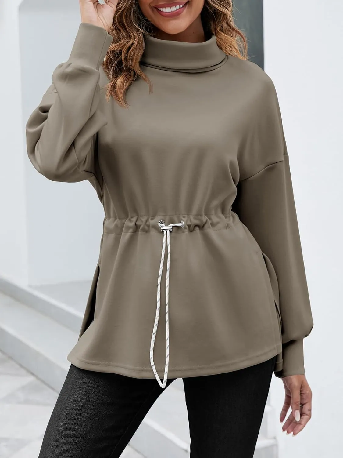 Women's Turtleneck Sweatshirts Long Sleeve Pullover Tops Side Slit Tunic Shirts with Drawstring Waist