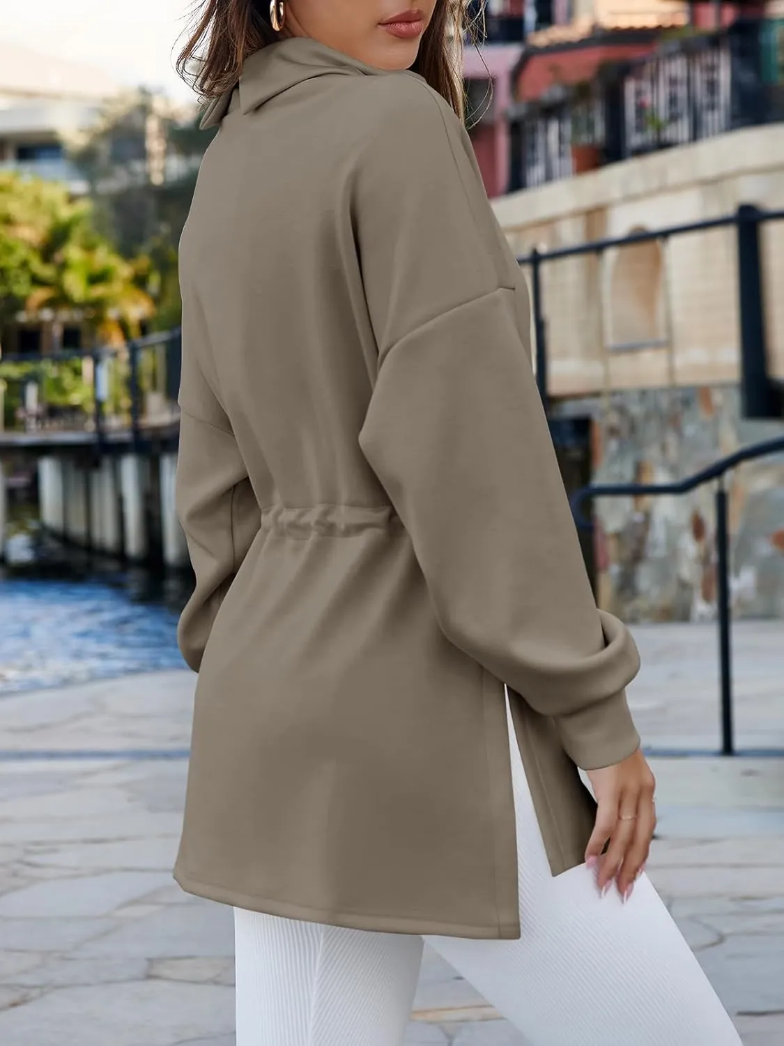 Women's Turtleneck Sweatshirts Long Sleeve Pullover Tops Side Slit Tunic Shirts with Drawstring Waist