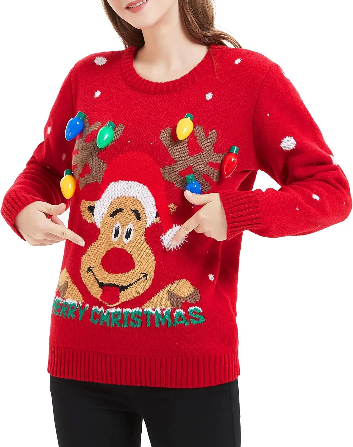 Womens Ugly Sweater Rudolph Reindeer Snowflakes Tree Pullover