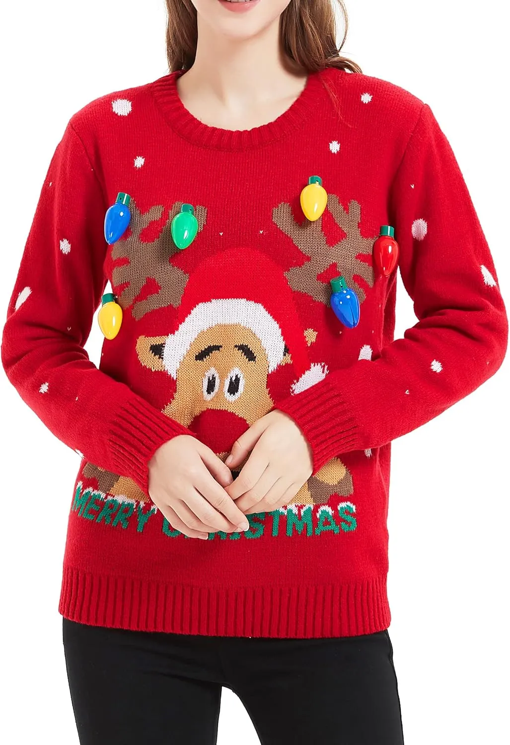 Womens Ugly Sweater Rudolph Reindeer Snowflakes Tree Pullover