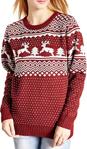 Womens Ugly Sweater Rudolph Reindeer Snowflakes Tree Pullover