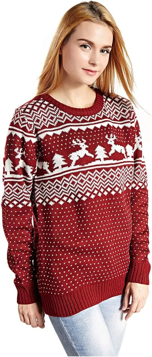 Womens Ugly Sweater Rudolph Reindeer Snowflakes Tree Pullover