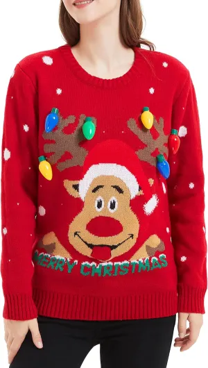 Womens Ugly Sweater Rudolph Reindeer Snowflakes Tree Pullover