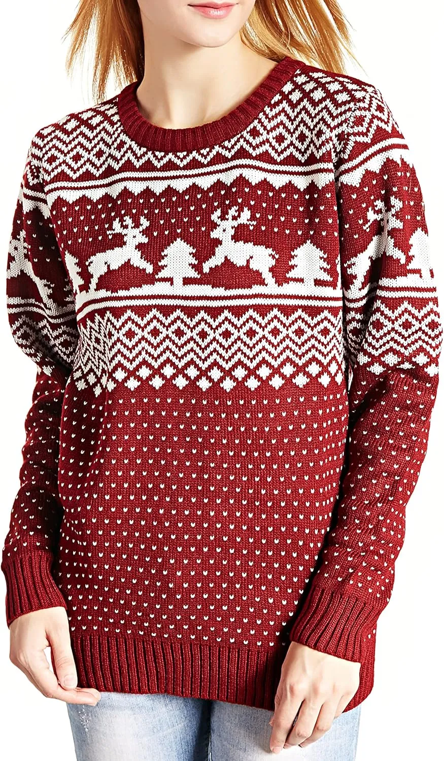 Womens Ugly Sweater Rudolph Reindeer Snowflakes Tree Pullover