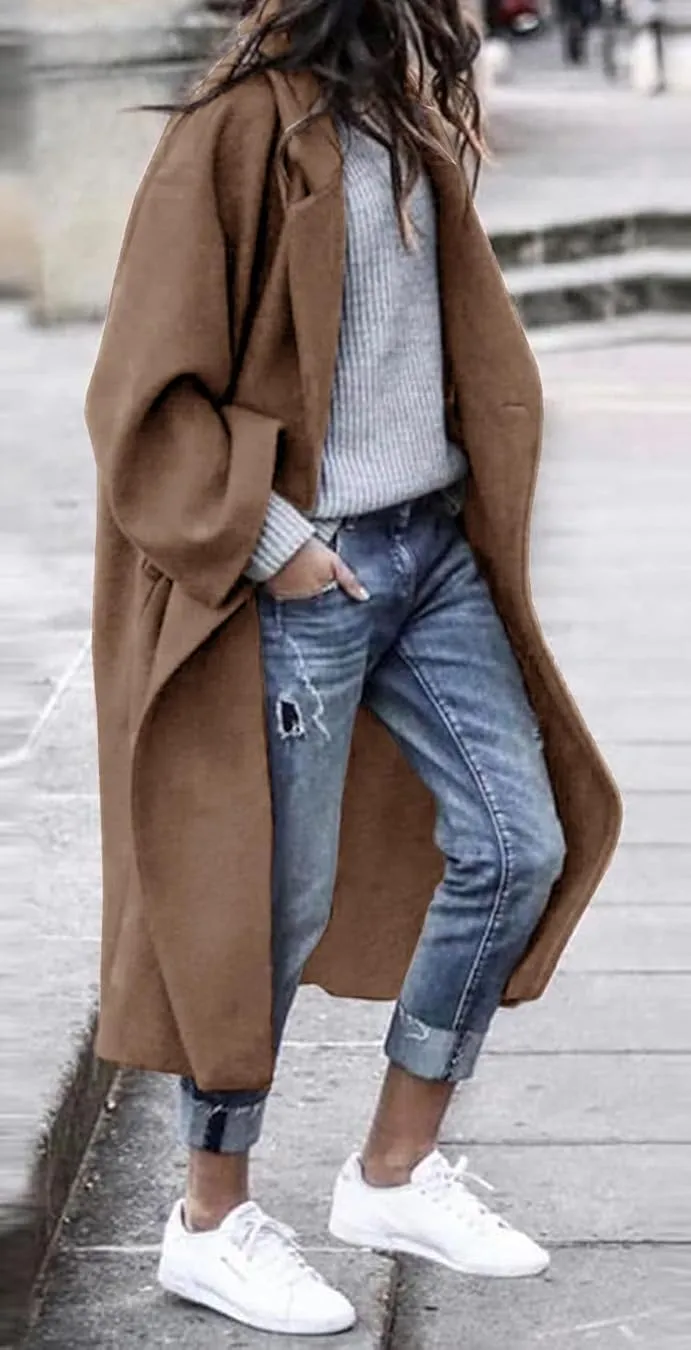 Women's Winter Pea Coat Notch Lapel Single Breasted Oversized Long Casual Wool Blend Overcoat
