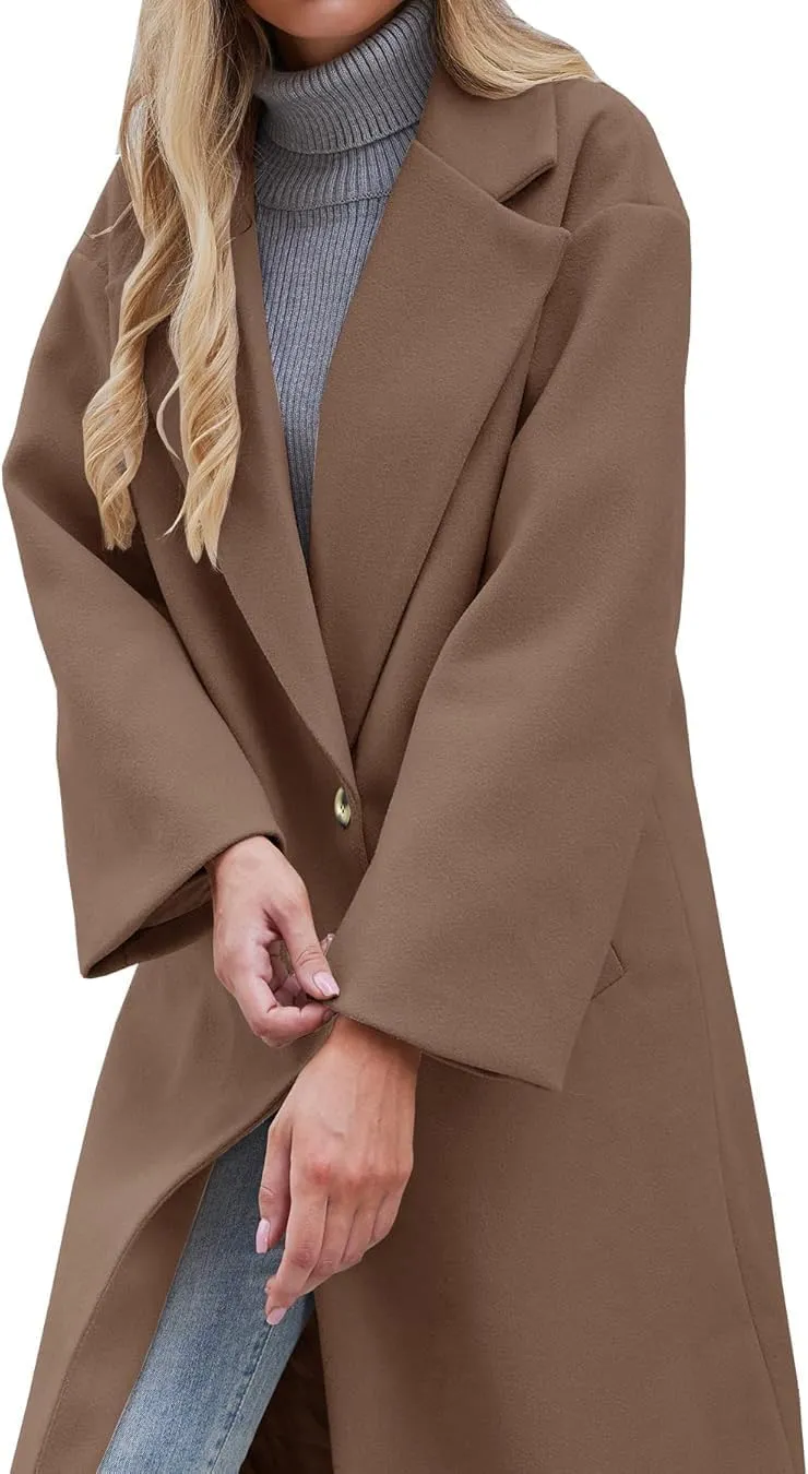 Women's Winter Pea Coat Notch Lapel Single Breasted Oversized Long Casual Wool Blend Overcoat