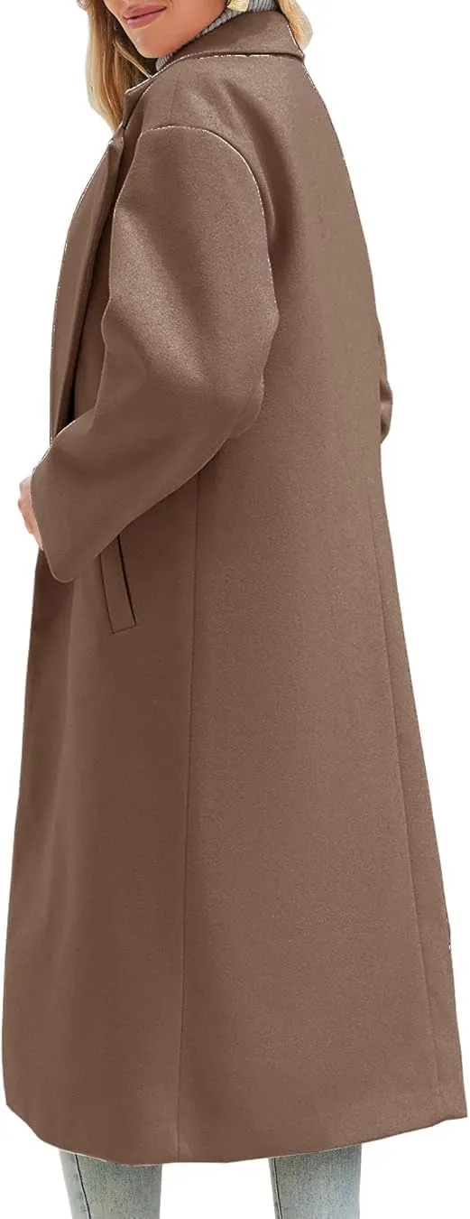 Women's Winter Pea Coat Notch Lapel Single Breasted Oversized Long Casual Wool Blend Overcoat