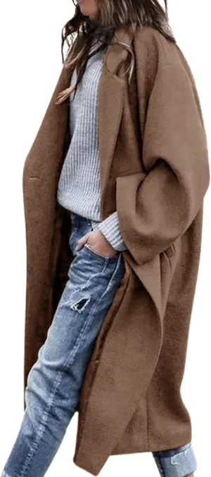 Women's Winter Pea Coat Notch Lapel Single Breasted Oversized Long Casual Wool Blend Overcoat