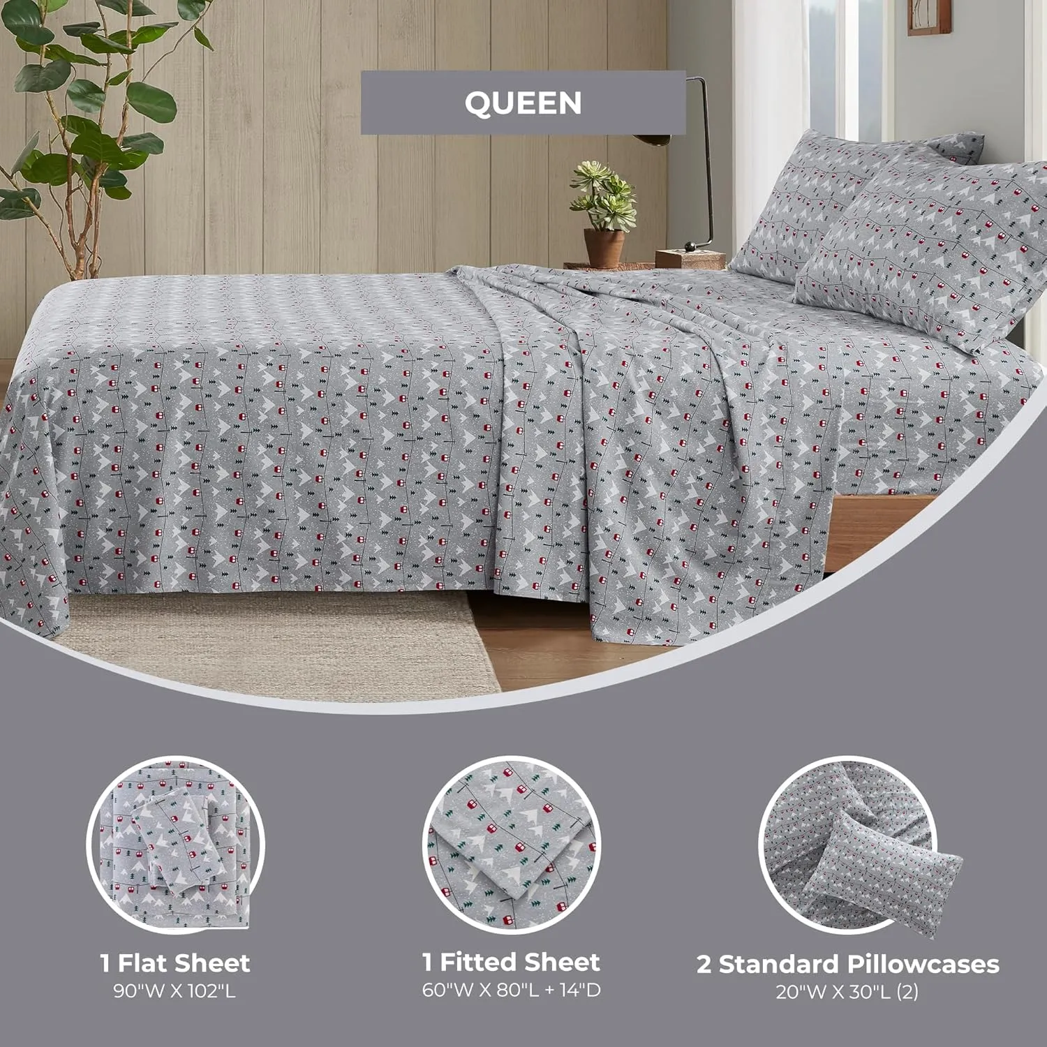 Woolrich Cotton Sheet Set Cottage Charms Print, 100% Cotton Flannel Sheets Warm & Fuzzy Bedding Set Queen Size Sheets, Fitted Pocket Fits Up to 14" Mattress, Queen Grey Ski Jump 4 Piece