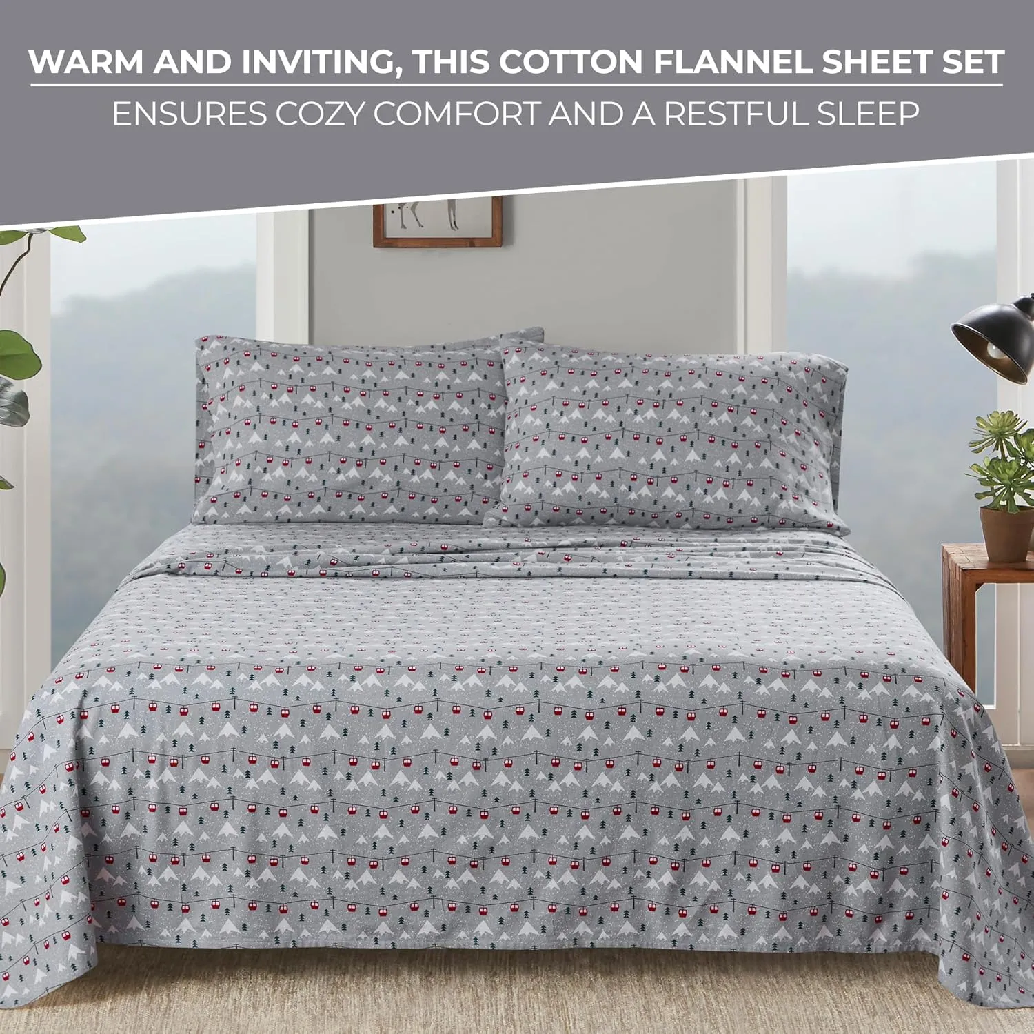 Woolrich Cotton Sheet Set Cottage Charms Print, 100% Cotton Flannel Sheets Warm & Fuzzy Bedding Set Queen Size Sheets, Fitted Pocket Fits Up to 14" Mattress, Queen Grey Ski Jump 4 Piece