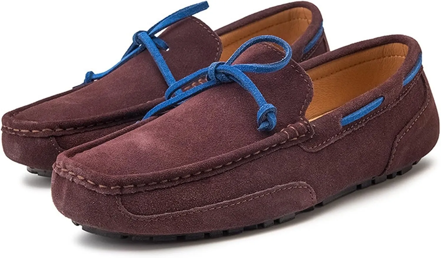 WOUND Mens Loafers Shoe Deck Shoes Cowhide Suede Vamp Stitching Details Round Toe 1-Eye Flexible Anti-Slip Lightweight Driving Slip On (Color : Brown, Size : 7)