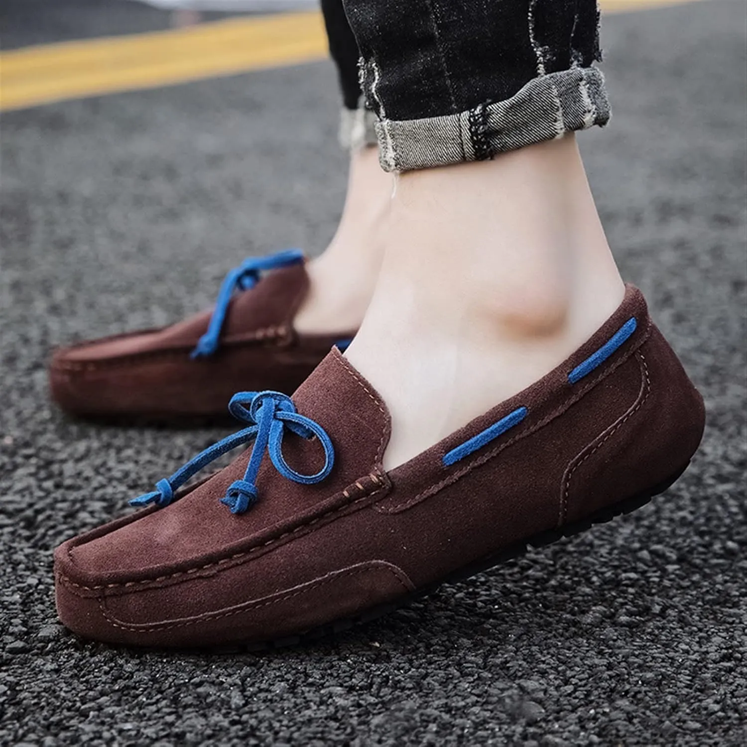 WOUND Mens Loafers Shoe Deck Shoes Cowhide Suede Vamp Stitching Details Round Toe 1-Eye Flexible Anti-Slip Lightweight Driving Slip On (Color : Brown, Size : 7)