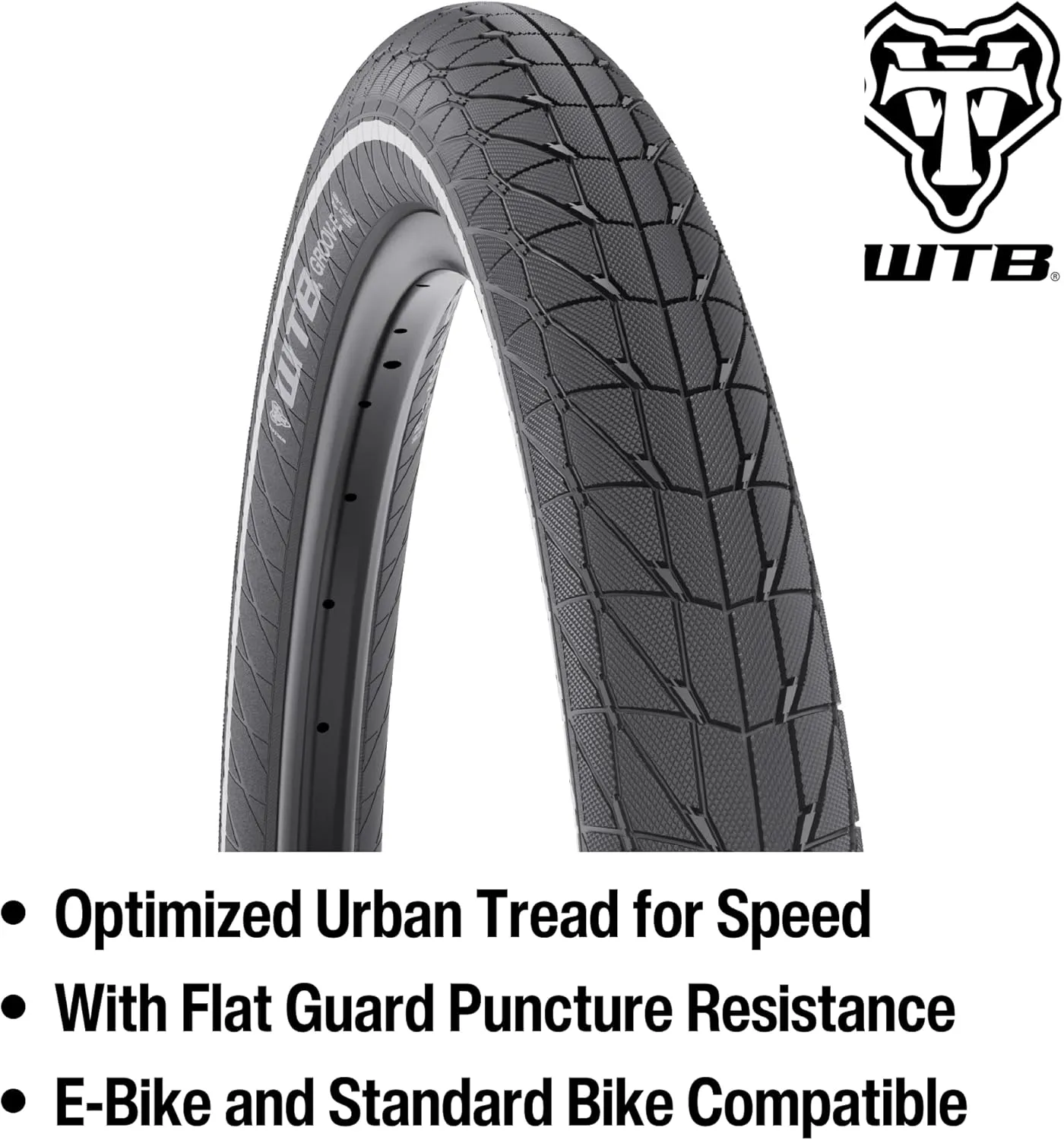 WTB Groov-E 27" x 2.4" Urban Bike Tire, Wire Bead Tire, Available with or Without Flat Guard, Reflective Strip, for E-Bikes & Standard Bikes, Puncture Resistant, Water Channeling Grooves