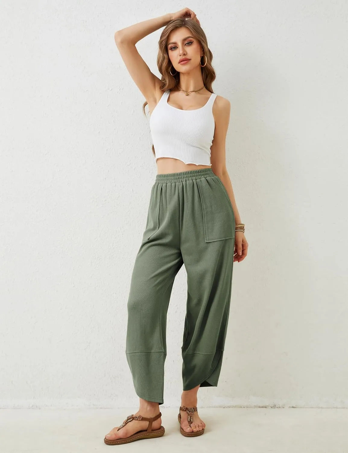 Xiaoxuemeng Womens Baggy Wide Leg Pants Casual Elastic Waisted Palazzo Harem Pants with Pockets
