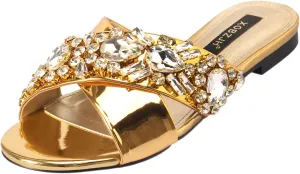 XOBZJH Evening Dress Slides Sandals for Women Shoes Designer Luxury Flat Wedding Party Rhinestone Slides Sandals