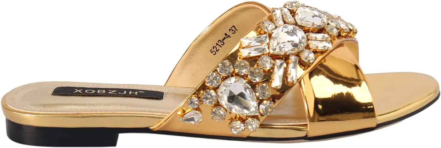 XOBZJH Evening Dress Slides Sandals for Women Shoes Designer Luxury Flat Wedding Party Rhinestone Slides Sandals