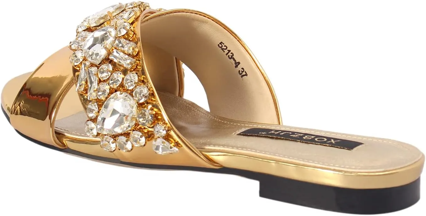 XOBZJH Evening Dress Slides Sandals for Women Shoes Designer Luxury Flat Wedding Party Rhinestone Slides Sandals