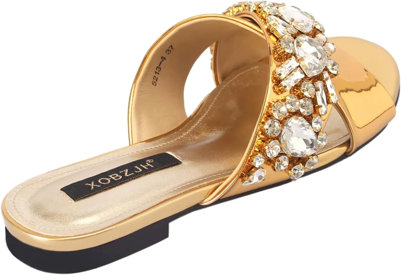 XOBZJH Evening Dress Slides Sandals for Women Shoes Designer Luxury Flat Wedding Party Rhinestone Slides Sandals
