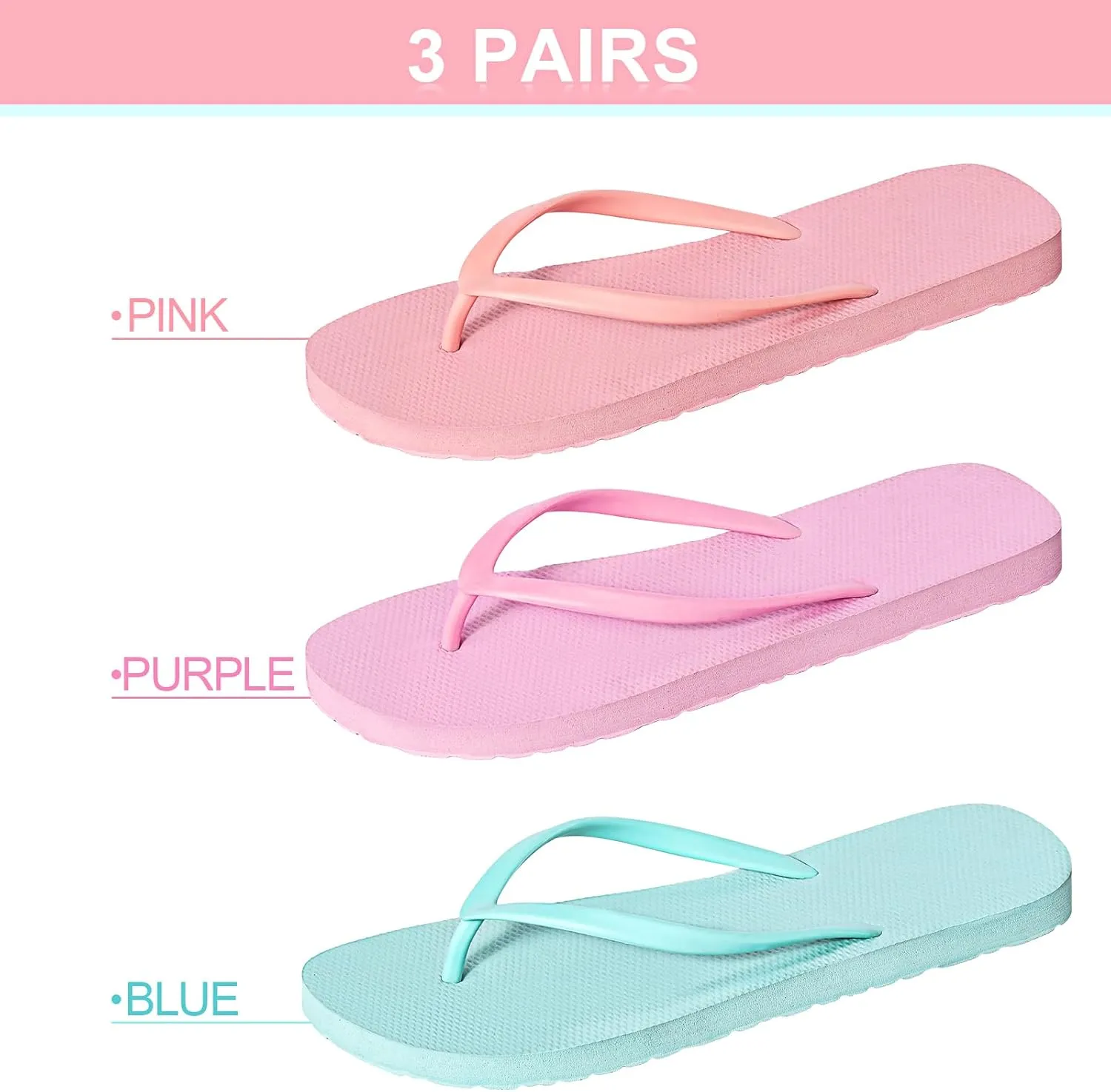 Xuhal 3 Pcs Women Girls Slim Flip Flops Colored Summer Casual Flip Flop Sandals Rubber Thong Style Cute Sandals for Women Shower