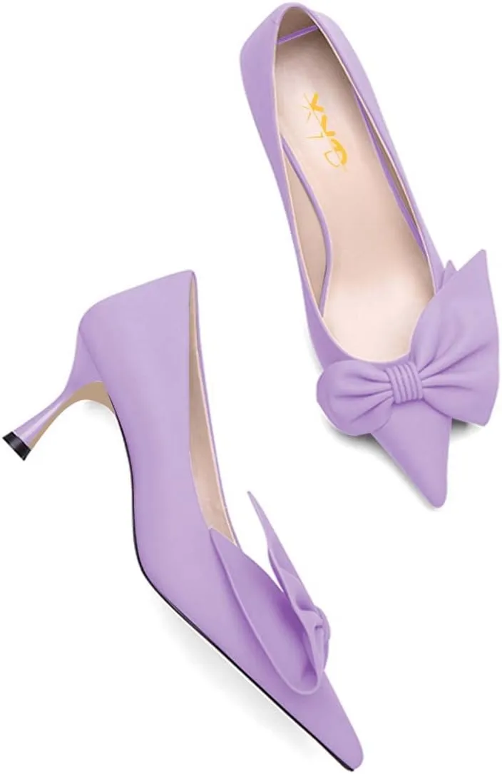 XYD Adorable Bowtie Pointy Toe Vintage Kitten Heel Pumps for Women Slip On Ladies' Stylish Dress Wedding Shoes