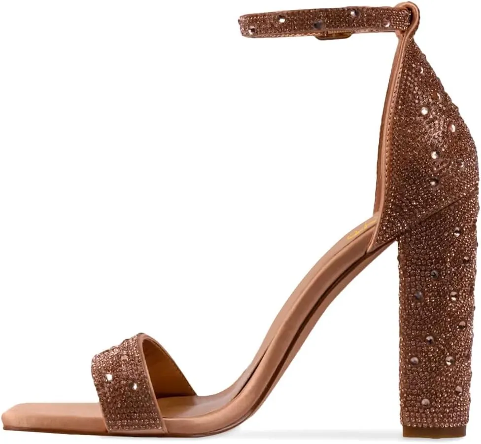 XYD Women Square Open Toe Studded Rhinestone High Block Heel Bejeweled Sandal Pumps Ankle Strap Buckled Sparkling Wedding Bridal Dress Evening Shoes