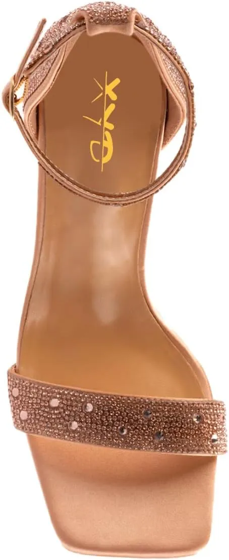 XYD Women Square Open Toe Studded Rhinestone High Block Heel Bejeweled Sandal Pumps Ankle Strap Buckled Sparkling Wedding Bridal Dress Evening Shoes
