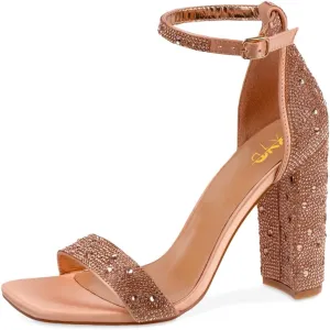 XYD Women Square Open Toe Studded Rhinestone High Block Heel Bejeweled Sandal Pumps Ankle Strap Buckled Sparkling Wedding Bridal Dress Evening Shoes